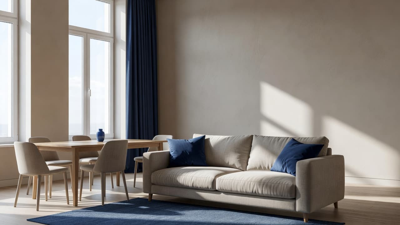 An airy living room with a sofa and dining area illuminated by natural light.