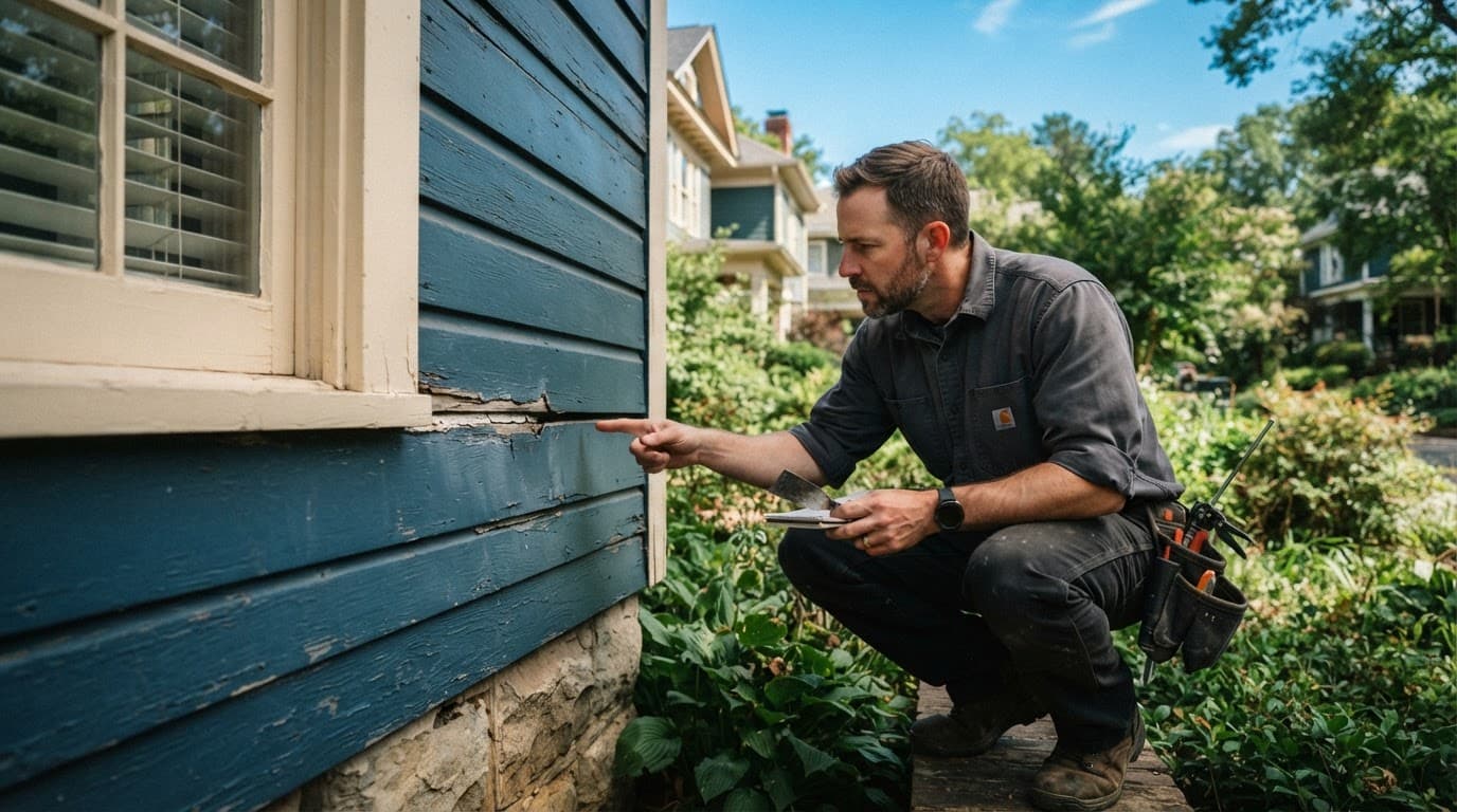 A contractor closely checks the exterior siding and caulk on an older home.