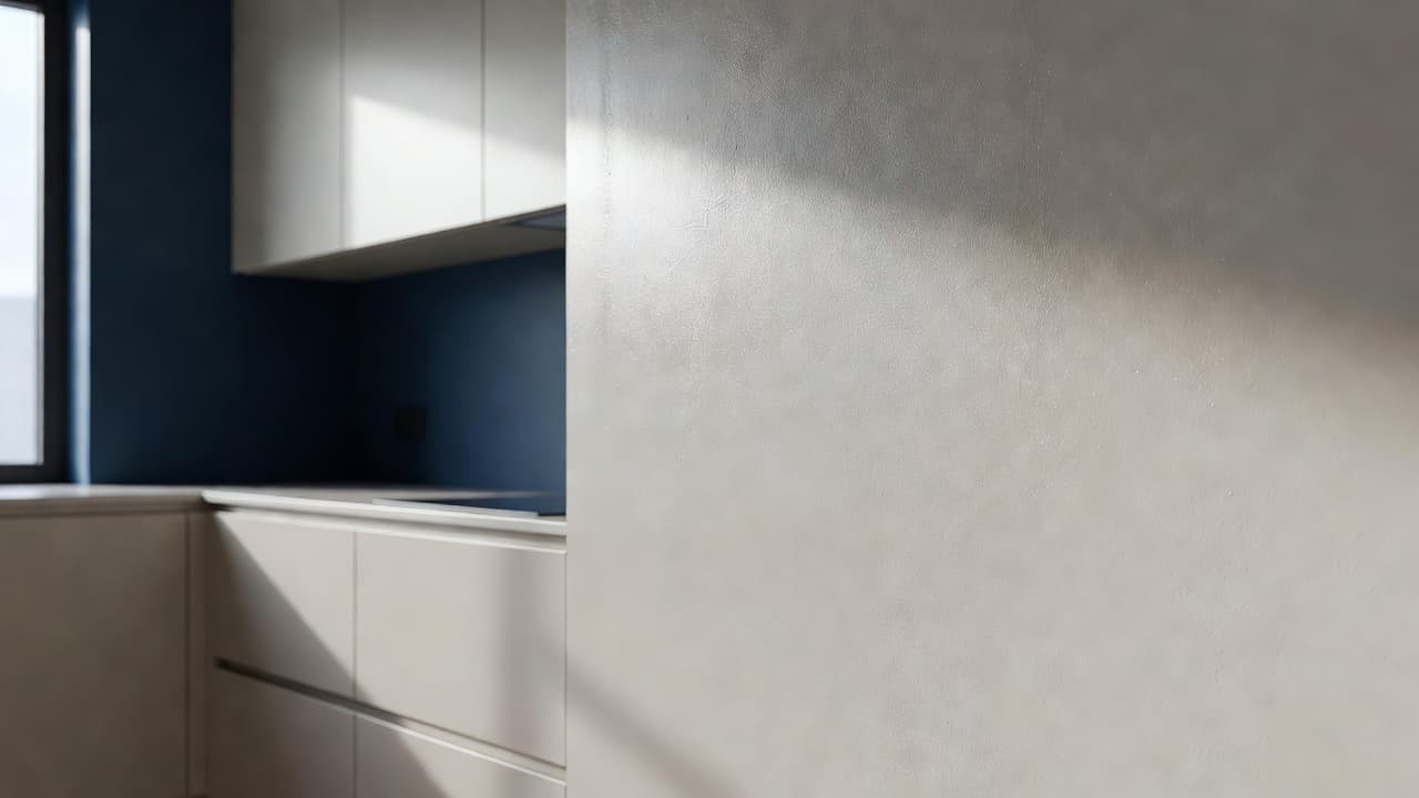 Sunlight streams across a smooth kitchen wall surface positioned next to deep blue cabinetry. The light highlights the durable finish of the paint, showing a clean transition between wall and fixtures.
