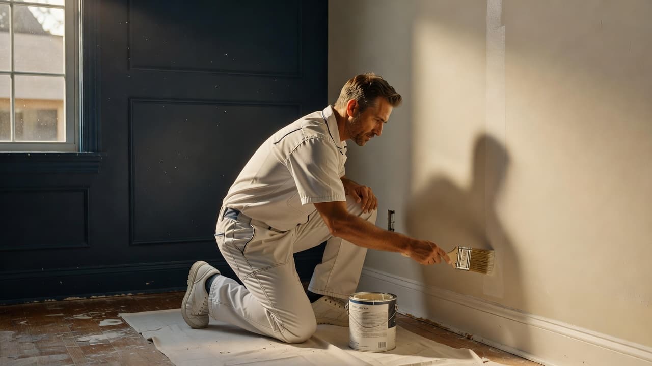 A professional painter applies paint to an interior home wall with careful attention to detail.