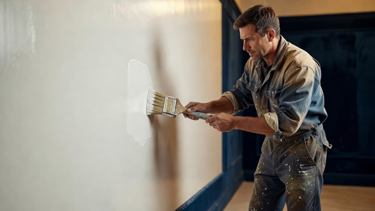 A skilled painter wears work coveralls while applying fresh white paint to a smooth wall. Close-up focus highlights the soft bristles of the brush and the even texture of the finish.