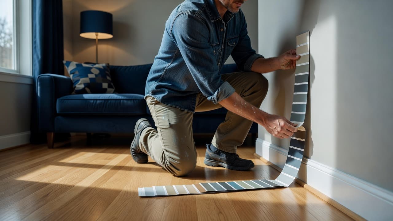 A homeowner holds colorful paint swatches against a bright white wall above natural oak flooring. Deep blue decorative accents provide a sharp visual contrast to the neutral interior design elements nearby.
