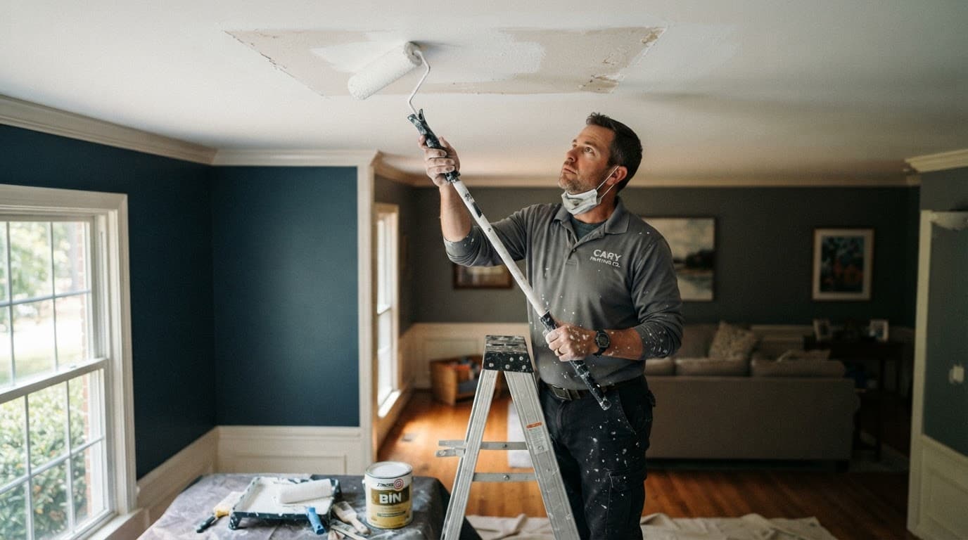 A painter applies primer to a ceiling patch inside a home.