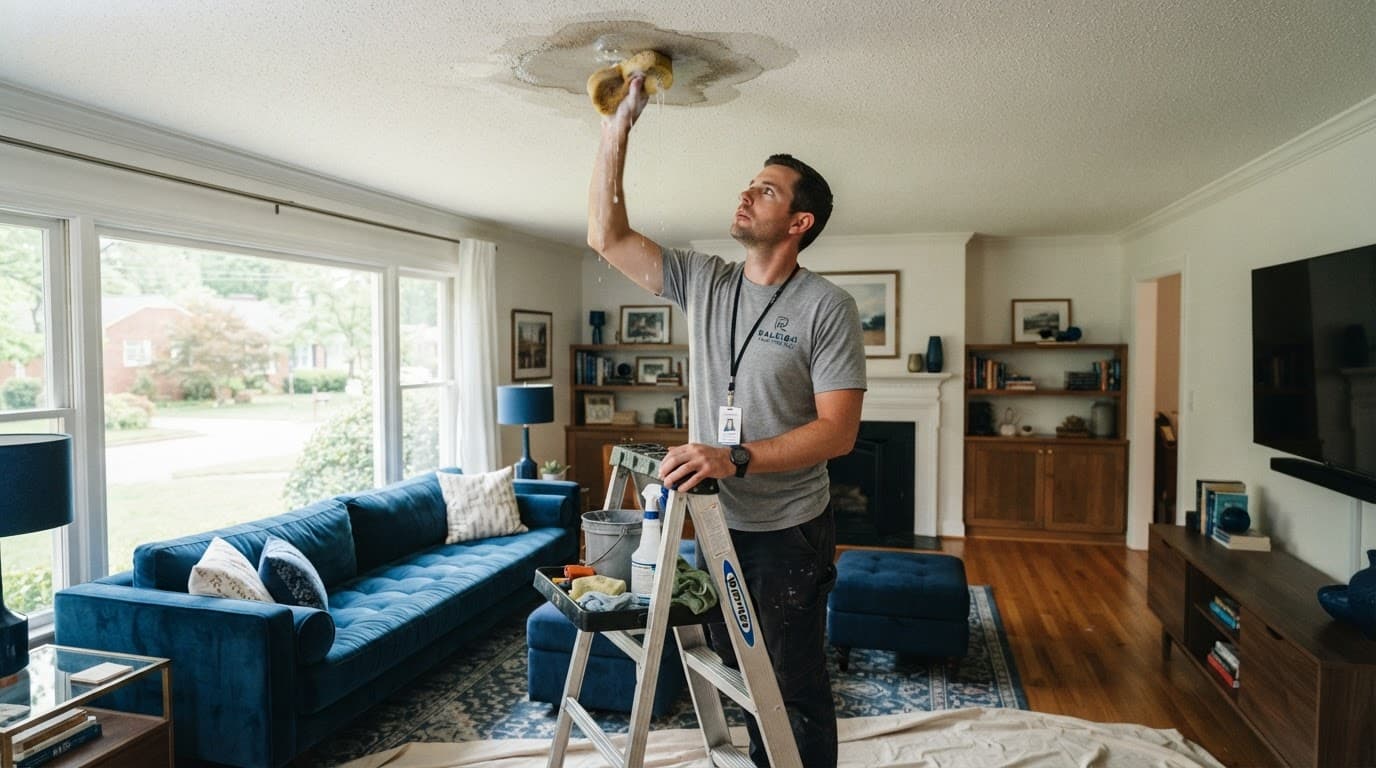 A worker cleans a water stain on a living room ceiling with a sponge.