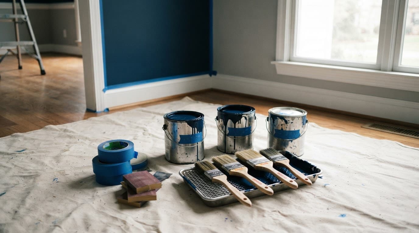 Paint cans, brushes, and tape arranged on a drop cloth in a bright home interior.