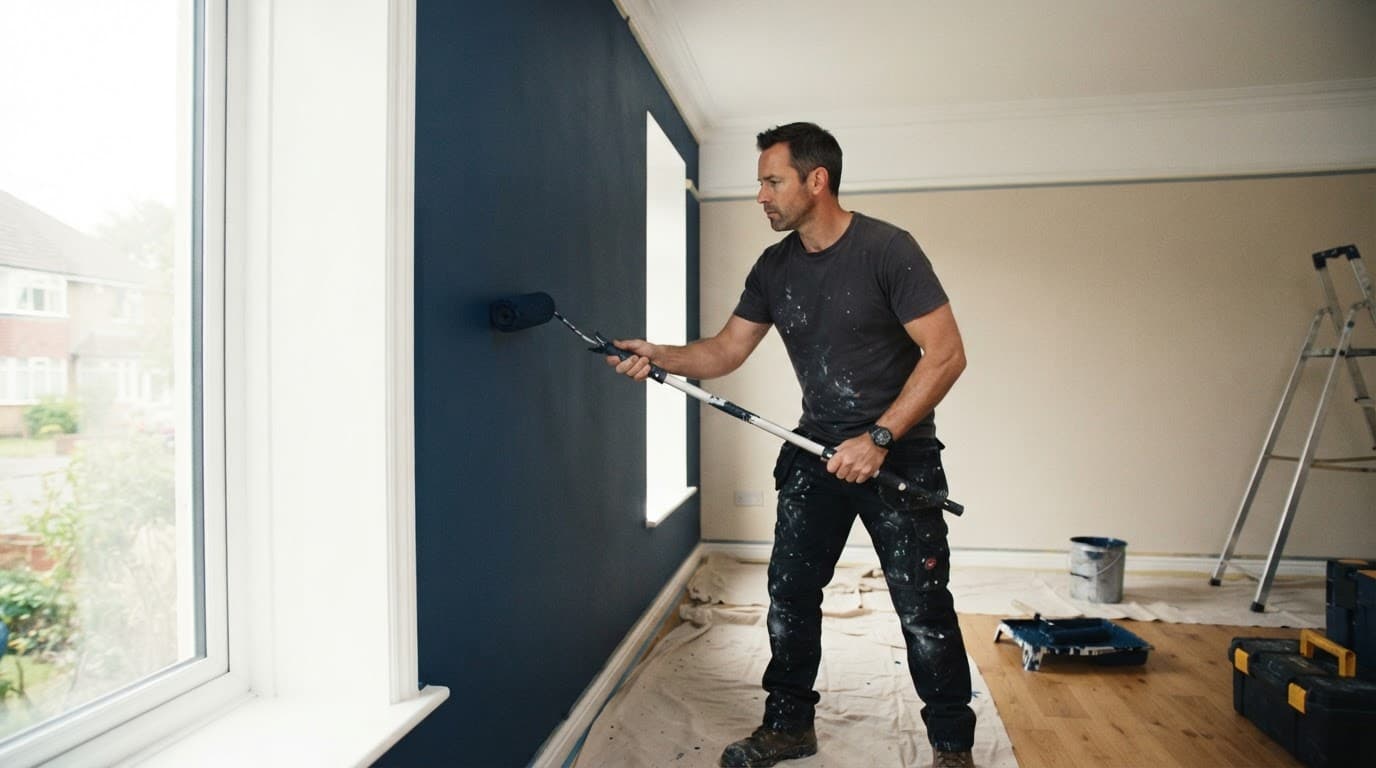A painter uses a roller on a bright room's smooth interior wall.