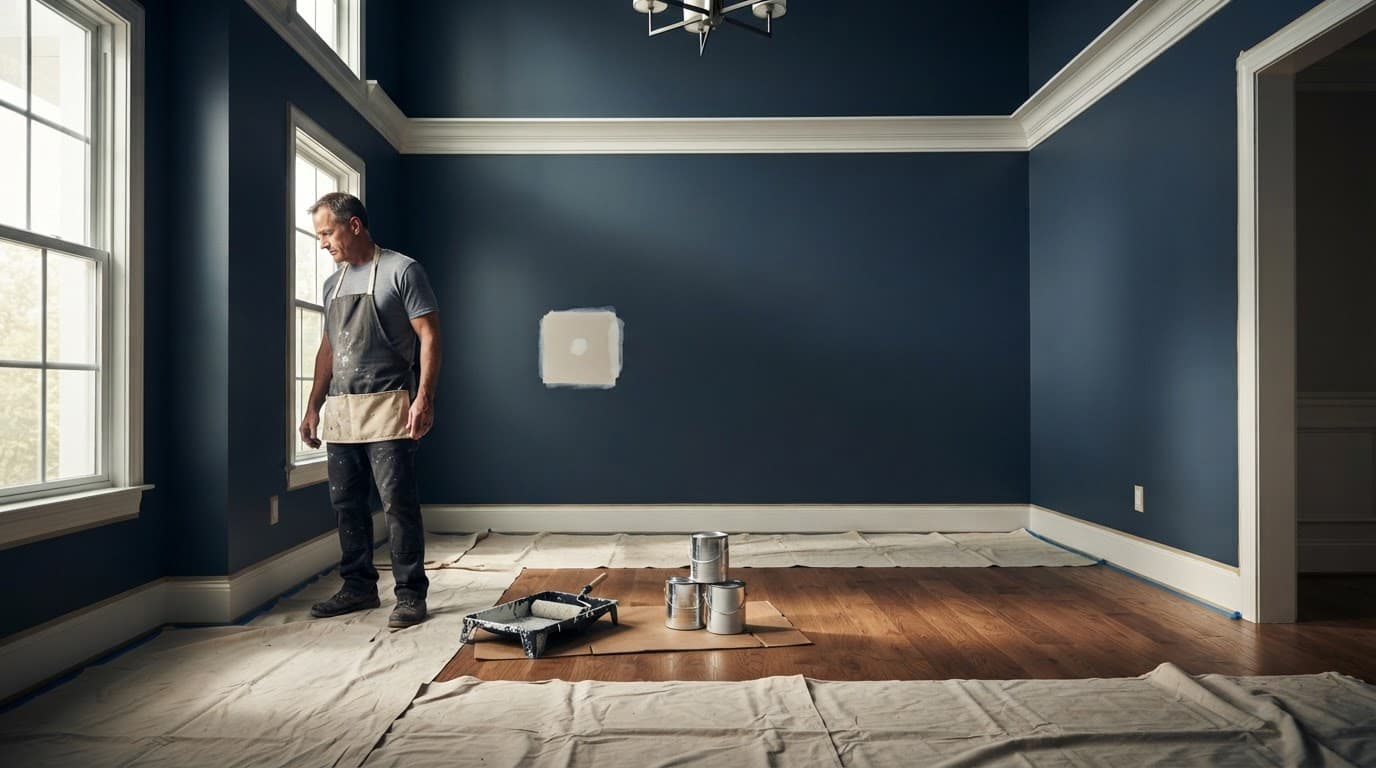 A painter prepares a bright living room beside taped trim, drop cloths, and stacked paint cans.