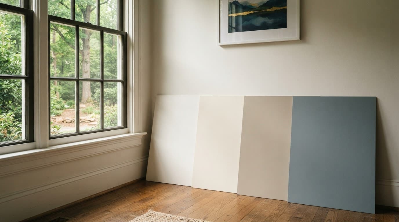 Paint sample boards lean beside a window in a bright room with hardwood floors.