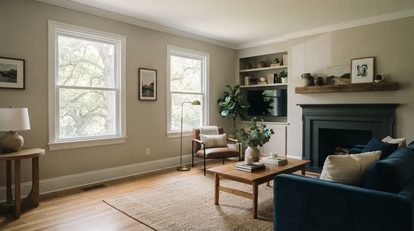 Warm neutral walls and blue furnishings in a Raleigh living room with leafy trees outside.