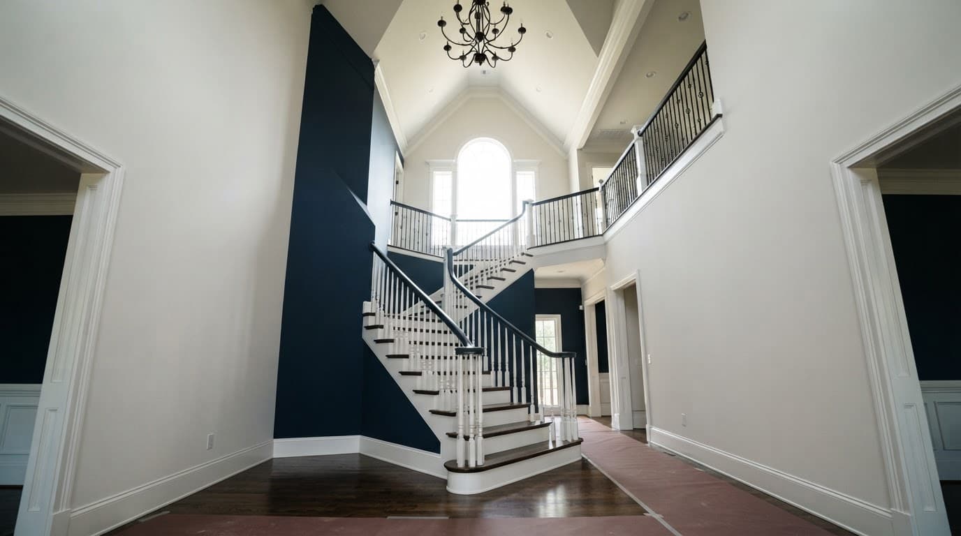 Staircase rising through a vaulted foyer with white trim and a neutral accent wall.