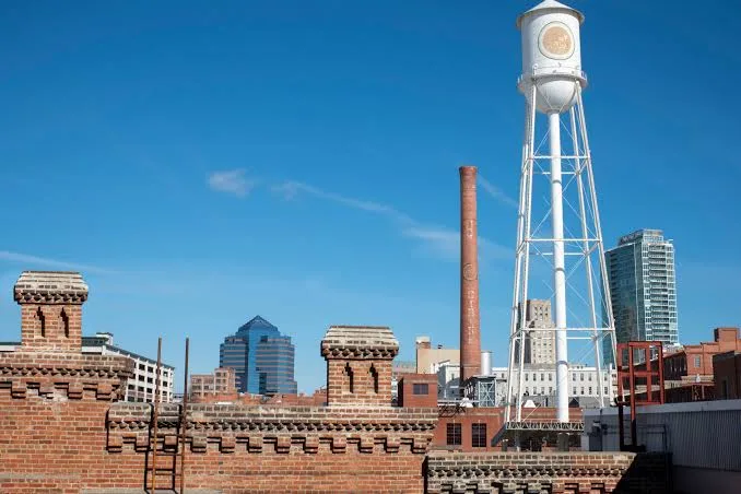 Downtown Durham skyline with the historic water tower and smokestack in Durham County, NC