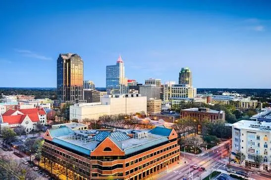 Downtown Raleigh, NC skyline with office towers and historic buildings