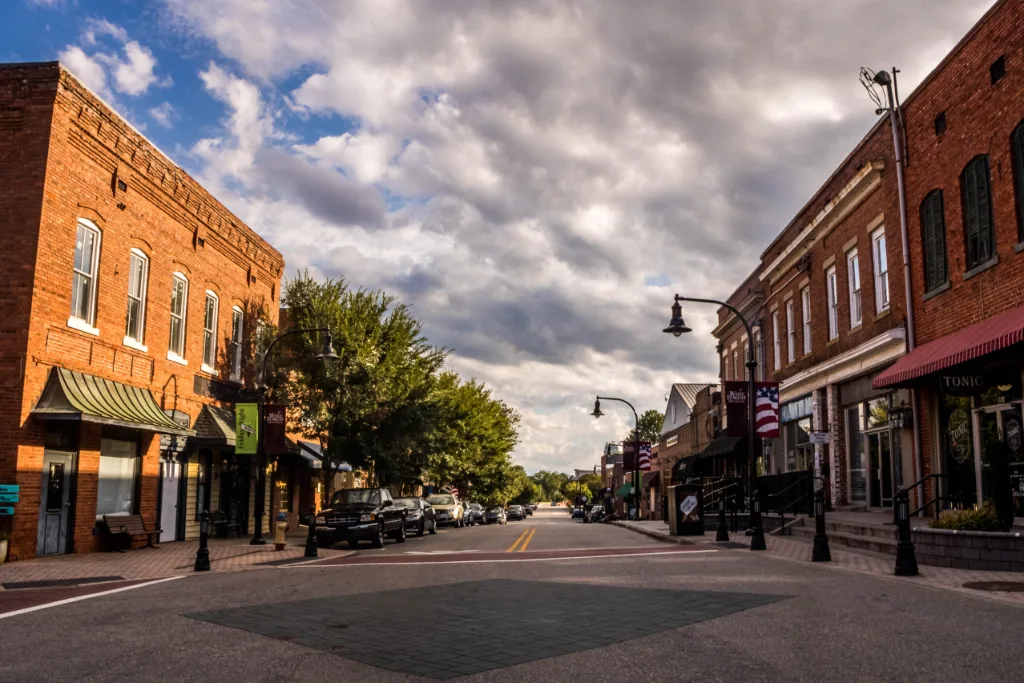 Historic brick main street with shops and storefronts in Wake County, NC